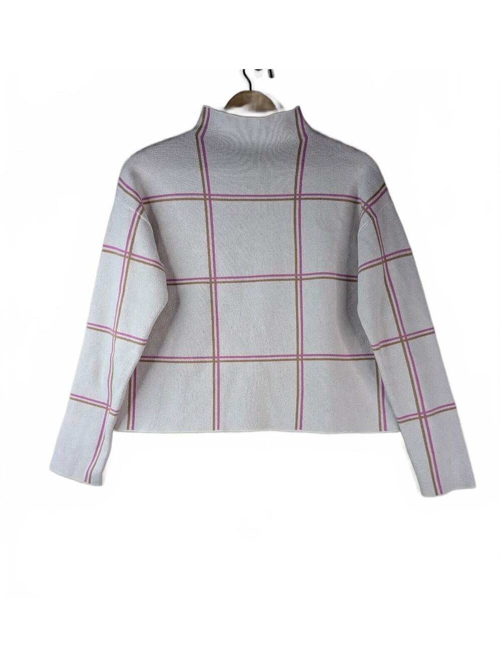 Tahari Windowpane Plaid Mock Neck Sweater - Pink and Cream, Size‎ Small